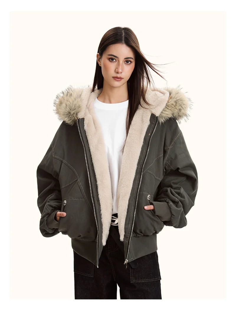 Vexaroa Fur Collar Hooded Parka Padded Winter Coat