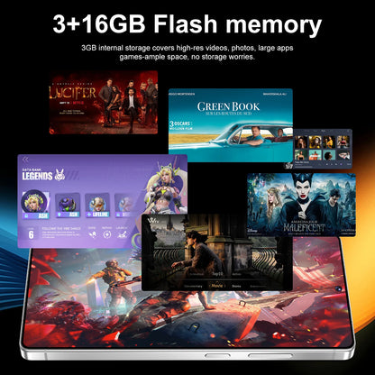 Promotional graphic for a tablet showing 3+16GB flash memory, with text at the top and several app/game screen thumbnails layered over the device on a dark background.