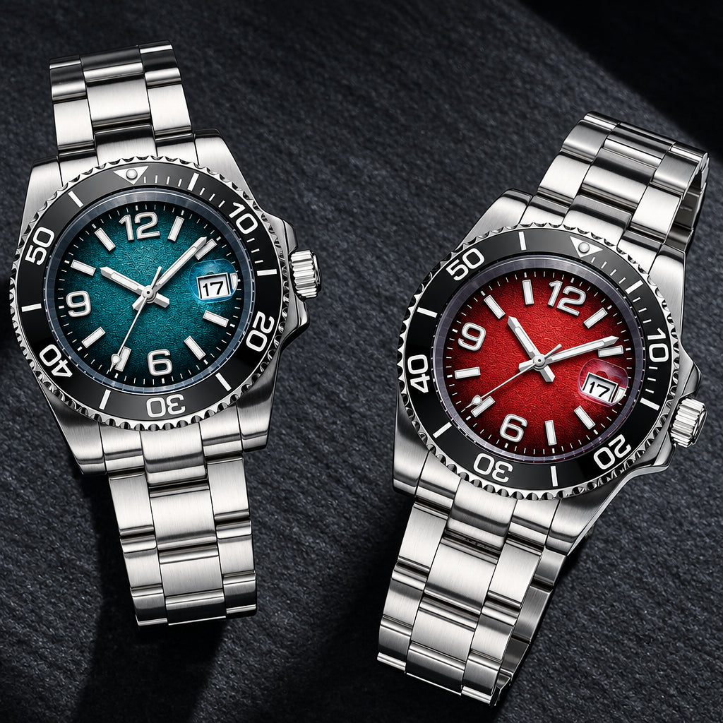 Two watches with different colored faces on a dark background, branded 'ADHESIV'.