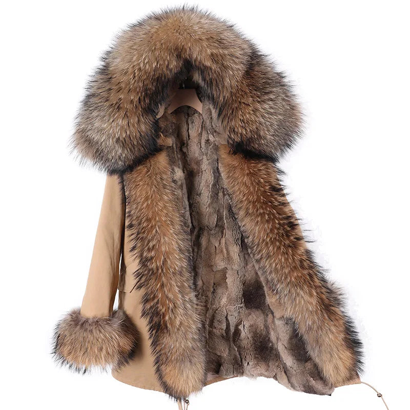 Real Raccoon Fox Fur Collar Parka Women's Coat | Vexaroa
