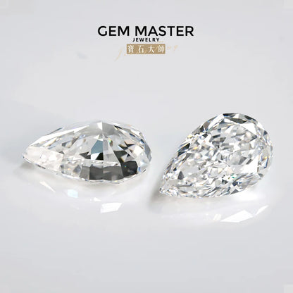 Two clear gemstones on a light gray background with 'Gem Master Jewelry' branding.
