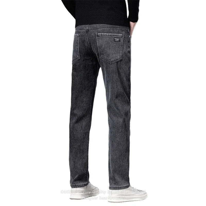 2027 Winter Warm Fleece Men's Jeans Gray Black Cotton Slim Elastic Business Denim Pants Thicked Trousers Male Skinny Streetwear