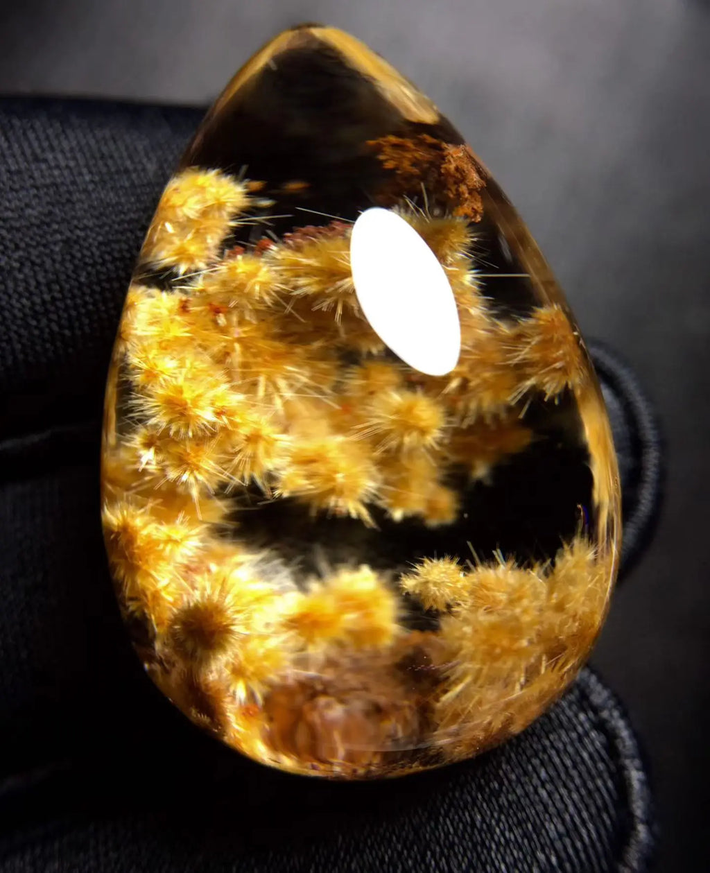 A teardrop-shaped polished gemstone or crystal containing golden-yellow fuzzy inclusions, shown close-up against a dark fabric background.