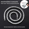 A silver tennis necklace or bracelet made of round moissanite stones, arranged in a spiral on a dark textured background. Text at the top reads '3mm/4mm/5mm moissanite S925 Silver Tennis Necklace/Bracelet' and a circular inset says 'Pass Diamond Test Real Moissanite.