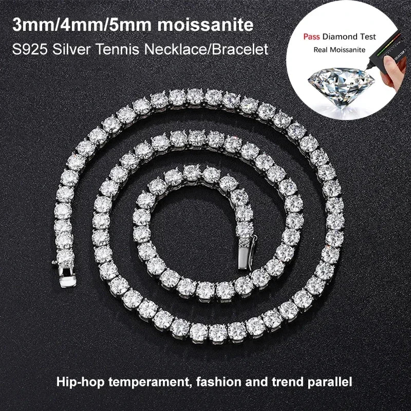 A silver tennis necklace or bracelet made of round moissanite stones, arranged in a spiral on a dark textured background. Text at the top reads '3mm/4mm/5mm moissanite S925 Silver Tennis Necklace/Bracelet' and a circular inset says 'Pass Diamond Test Real Moissanite.