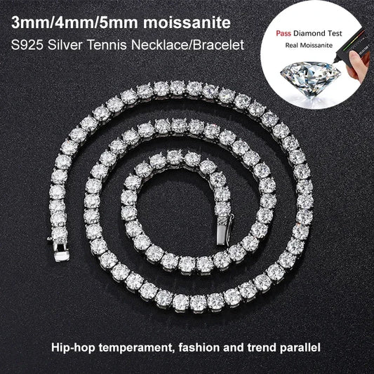 A silver tennis necklace or bracelet made of round moissanite stones, arranged in a spiral on a dark textured background. Text at the top reads '3mm/4mm/5mm moissanite S925 Silver Tennis Necklace/Bracelet' and a circular inset says 'Pass Diamond Test Real Moissanite.