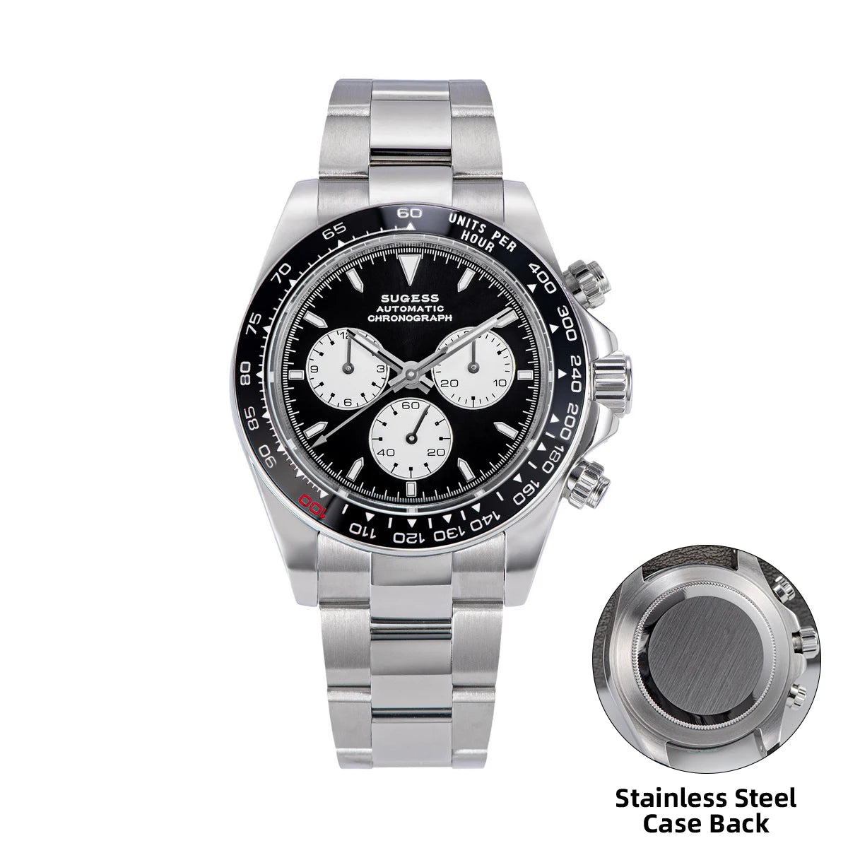 Stainless steel watch with detailed face and case back on a white background