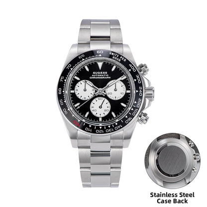 Stainless steel watch with detailed face and case back on a white background