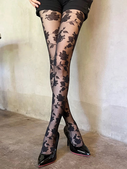 1 Pair of Women's Anti-Tear Pantyhose Highly Stretchy, Breathable, and Comfortable Featuring a Rose Pattern Design