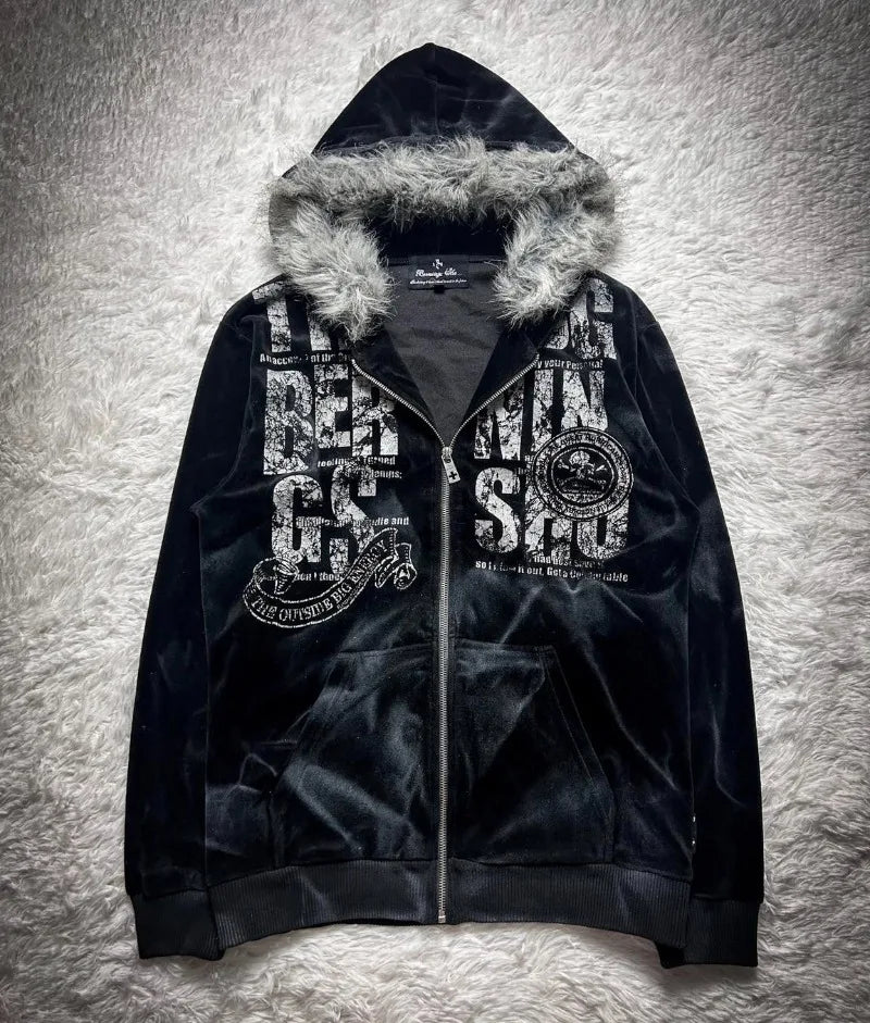 Vintage Popular Dark Rock Hip Hop Print Sports Sweater Women Y2K Streetwear Casual Joker Plus Velvet Padded Fur Collar Hoodies