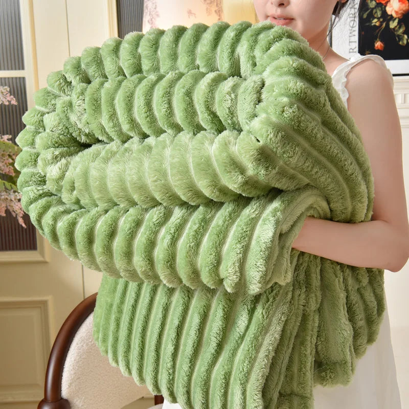 Wide Stripe Imitation Rabbit Plush Blanket Autumn Winter Warm Double Bed Blankets Fluffy Soft Tie-Dye Flannel Sofa Throw Blanket