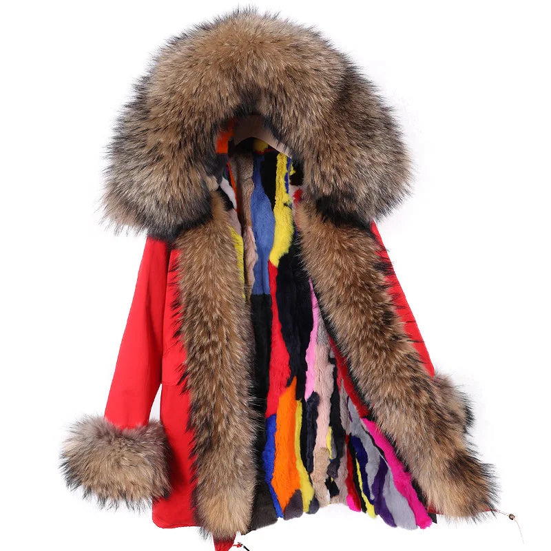 Real Raccoon Fox Fur Collar Parka Women's Coat | Vexaroa