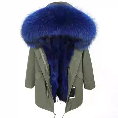Vexaroa Women's Real Natural Fur Coat Long Hooded Parka with Fur Liner Winter Jacket