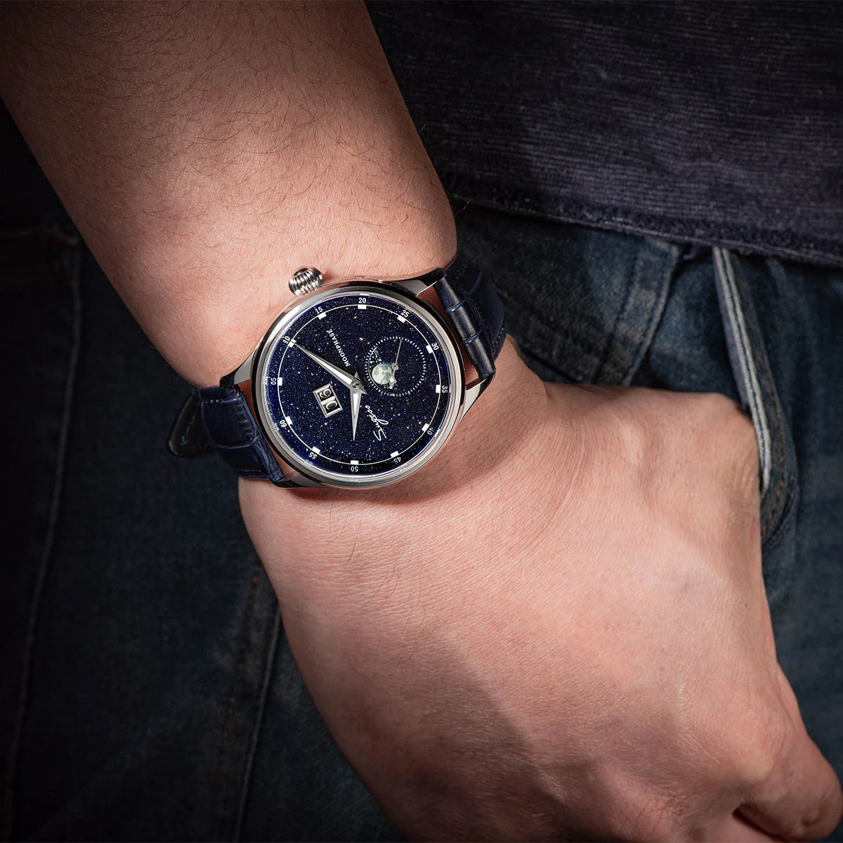 Moonphase Watch of Men 40mm Automatic Mechanical Wristwatches Origin ST2528 Movement Stainless Steel Blue Sandstone Dials
