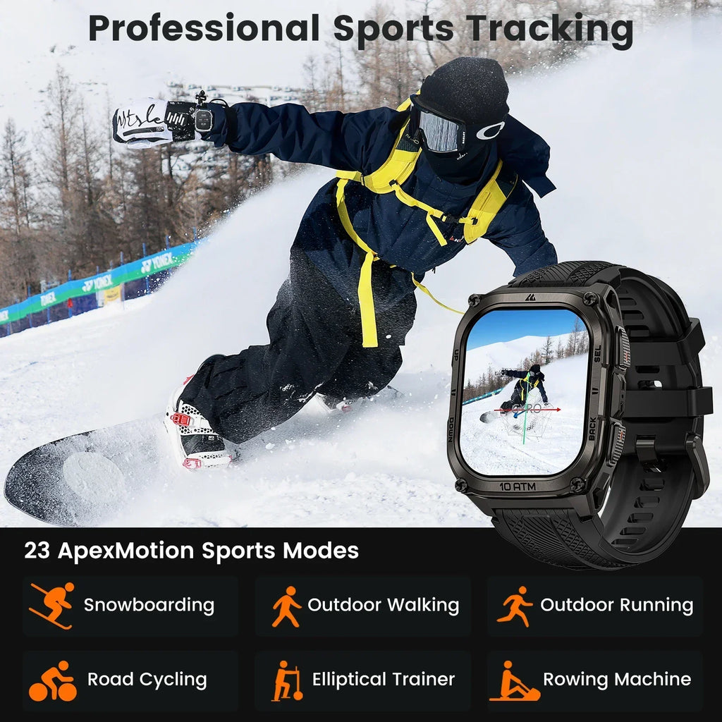 Person snowboarding with a watch displaying sports modes on a snowy slope