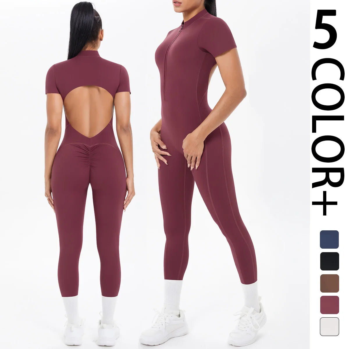 A woman modeling a fitted short-sleeve one-piece jumpsuit in a deep burgundy/maroon color, shown from both front and back against a clean white studio background. The jumpsuit has a high mock neck, front zipper, ruched side, and a large open back.