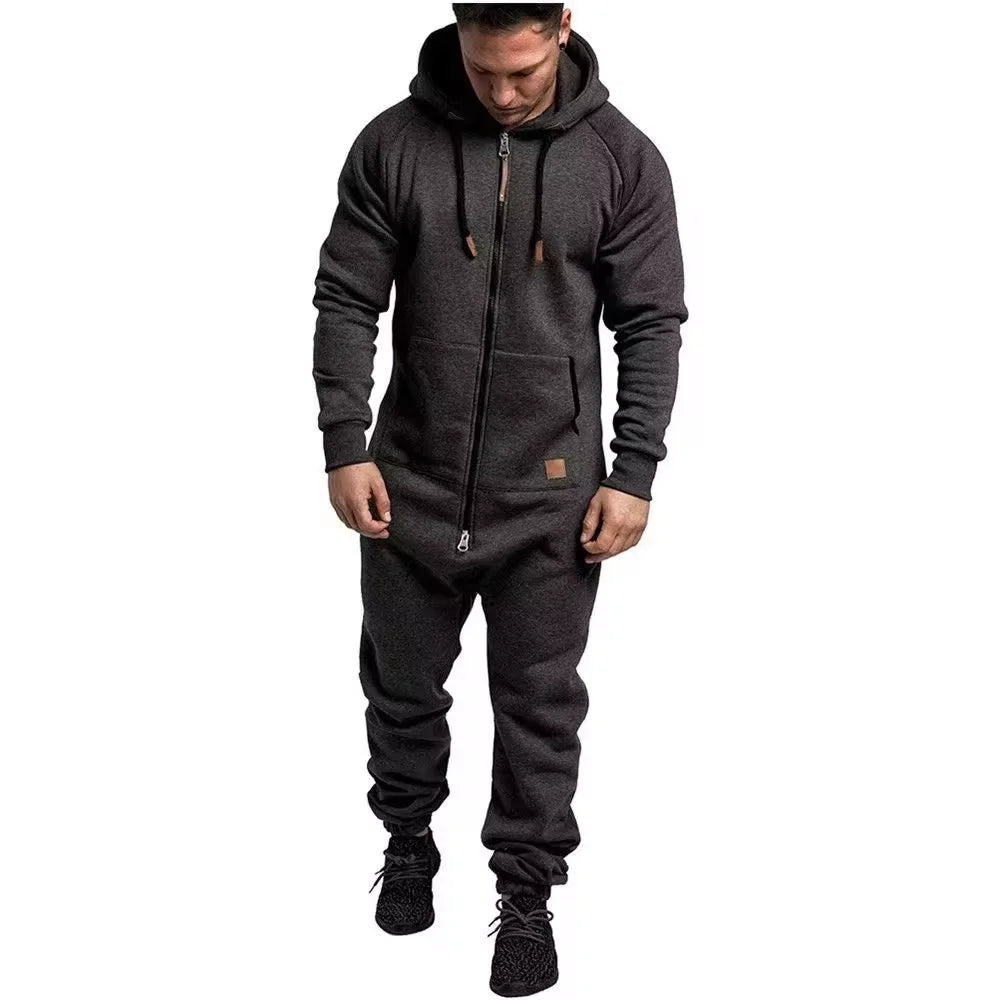Winter New Men's Hooded Fleece Jumpsuit With Solid Color And Color Blocking Casual Workwear Set For Men