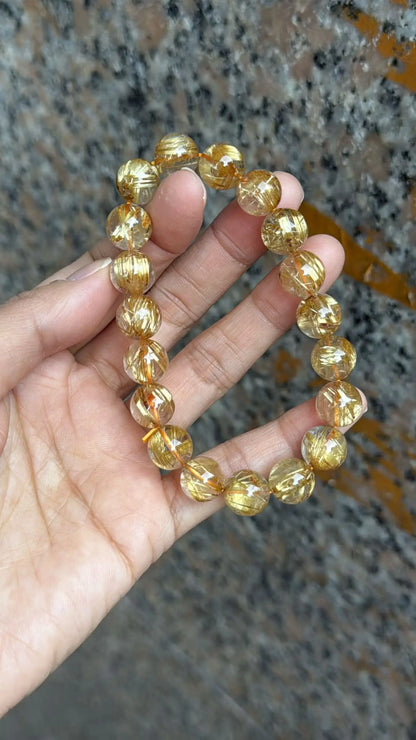 Natural Gold Rutilated Quartz Bead Bracelet 10.6mm, Unisex | Vexaroa