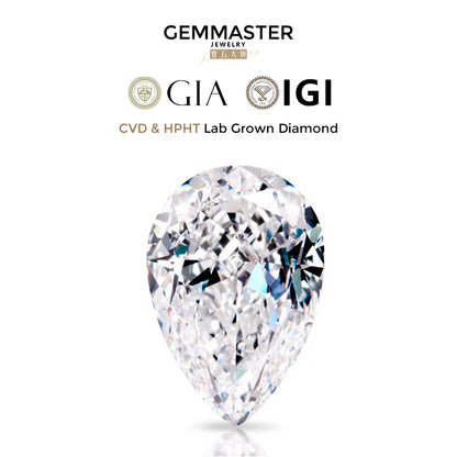 Teardrop-shaped lab-grown diamond with Gemmaster, GIA, and IGI logos on a white background