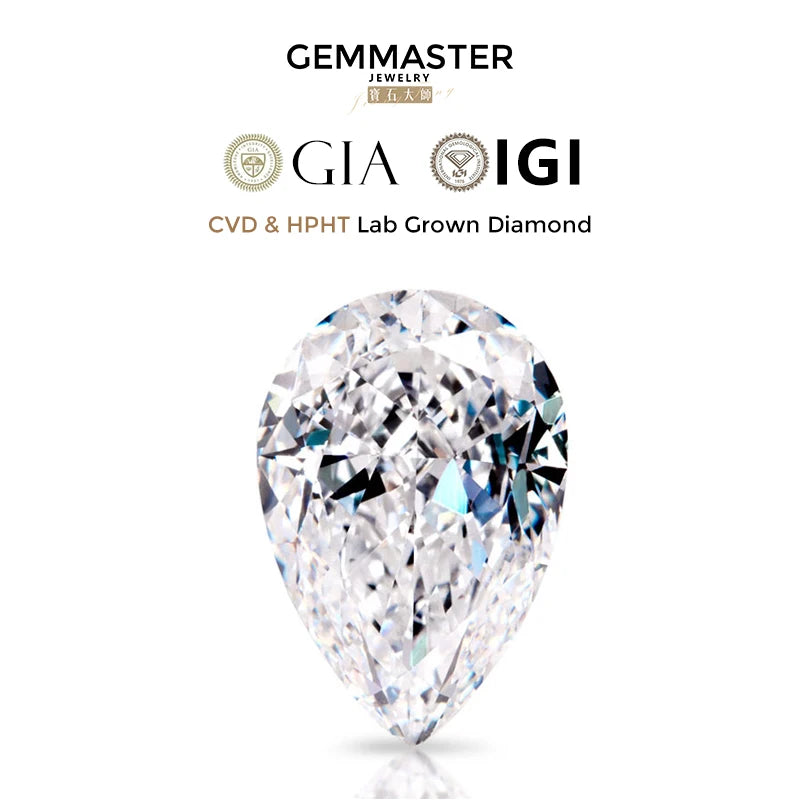 Teardrop-shaped lab-grown diamond with Gemmaster, GIA, and IGI logos on a white background