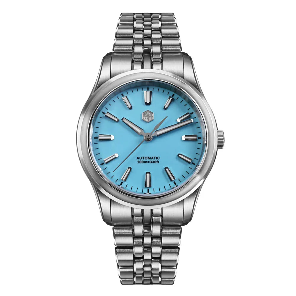 Silver watch with a blue face on a white background