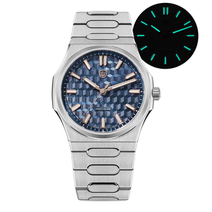 Silver watch with blue geometric face and close-up of glowing hands on a white background