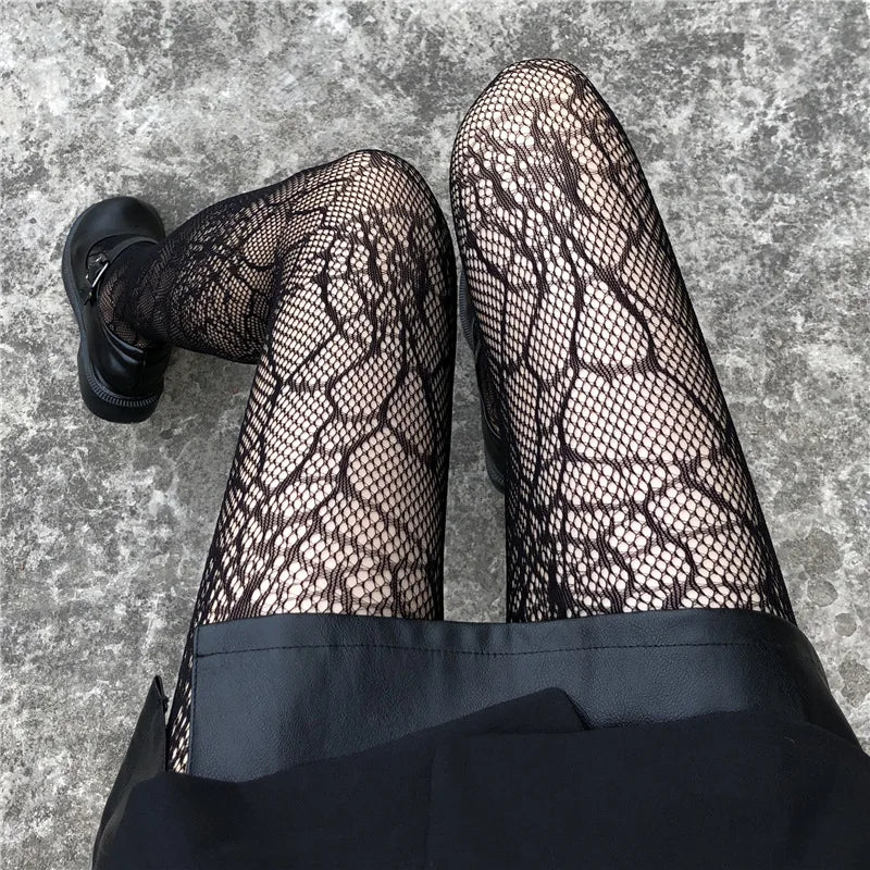 Leggings Hollowed Out Mesh Retro Girls Stockings Japanese Bottomed Lace Pantyhose Floral Rattan Black Tights