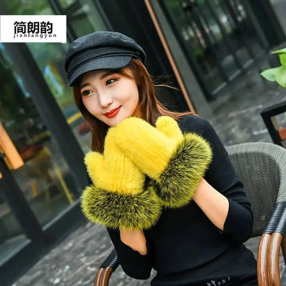 Women's Real Mink Fur Gloves Fox Fur Cuffs Winter | Vexaro