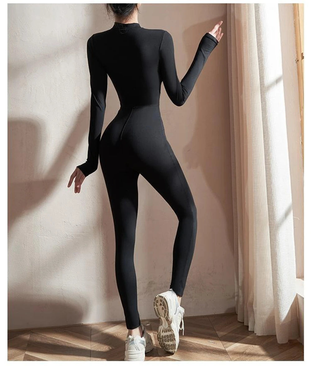 Vexaroa Women's Slim Fit Yoga Romper Long Sleeve Zipper Black