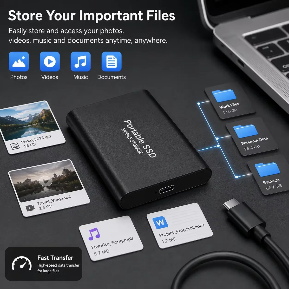 Vexaroa 1TB Portable SSD USB 3.0 Type-C – Plug & Play Drive
