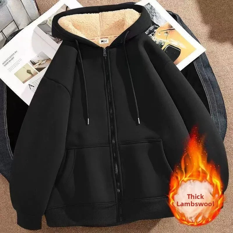 Women's Fleece Lined Hoodie Jacket Thickened Cotton Winter Open Cardigan New Style Lamb Velvet Warm Early Winter Thickened