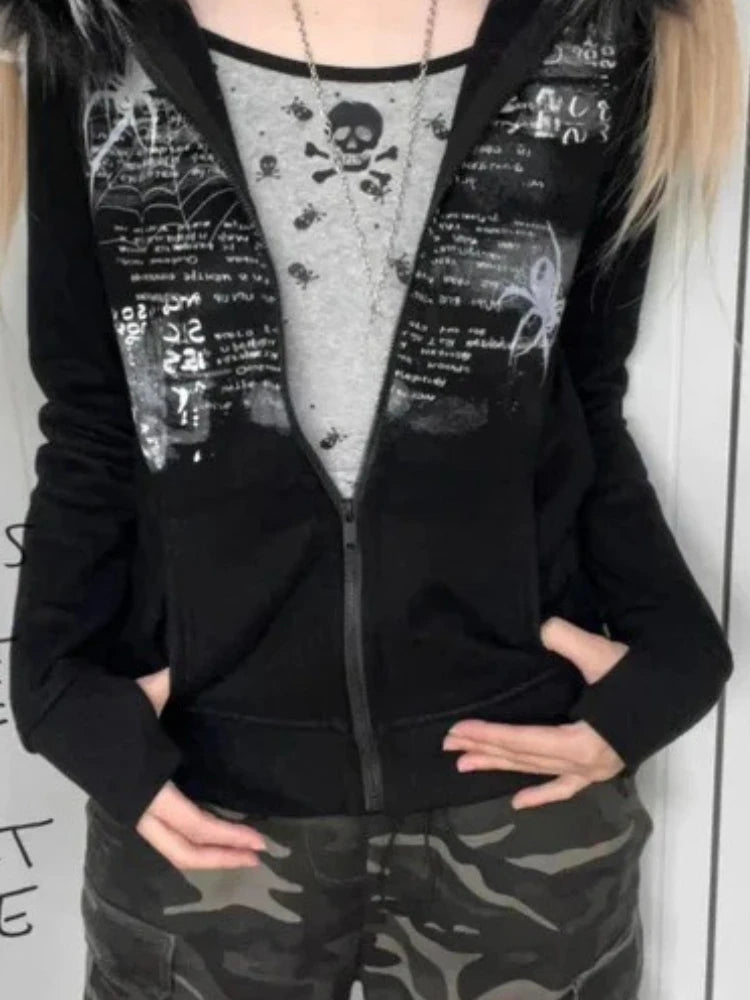 Y2K European and American spice girls fur collar rhinestones retro autumn and winter female zipper coat slim hooded sweater