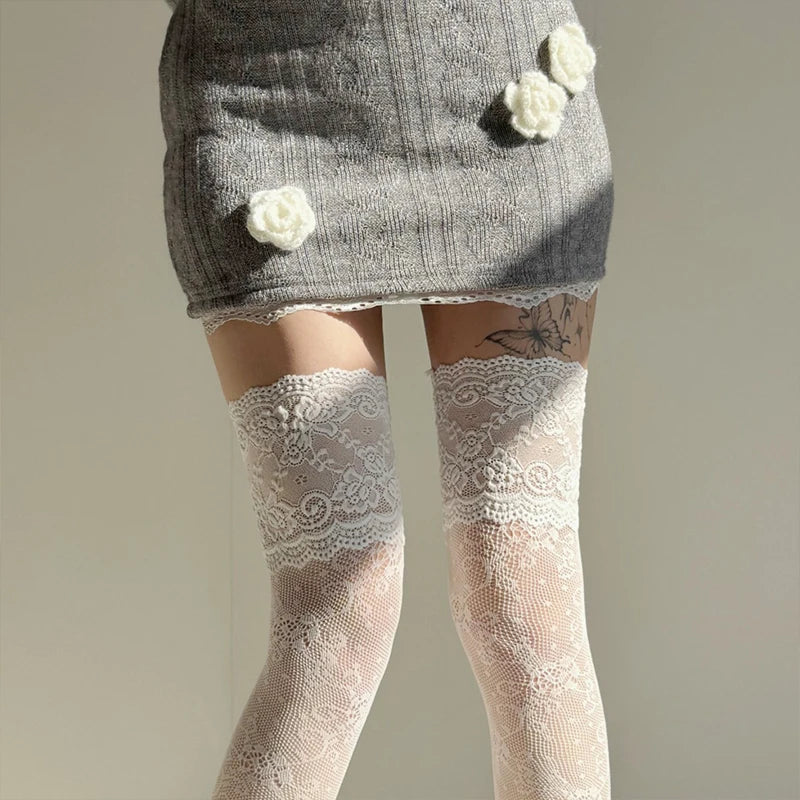 Vexaroa Lace Fishnet Floral Thigh High Knee Socks Women