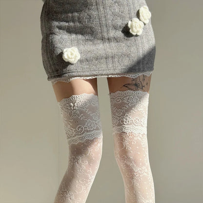 Women Fishnets Stockings Sexy Lace Fishnet Floral Knee High Socks Breathable Hollow-out JK Mesh Lolita Retro Thigh Highs Socks