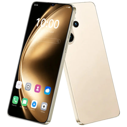 A smartphone shown from the front and back on a plain white background. The front view shows a large gold-toned display with app icons and the time 10:00, and the back view shows a metallic light gold/champagne panel with two rear cameras.