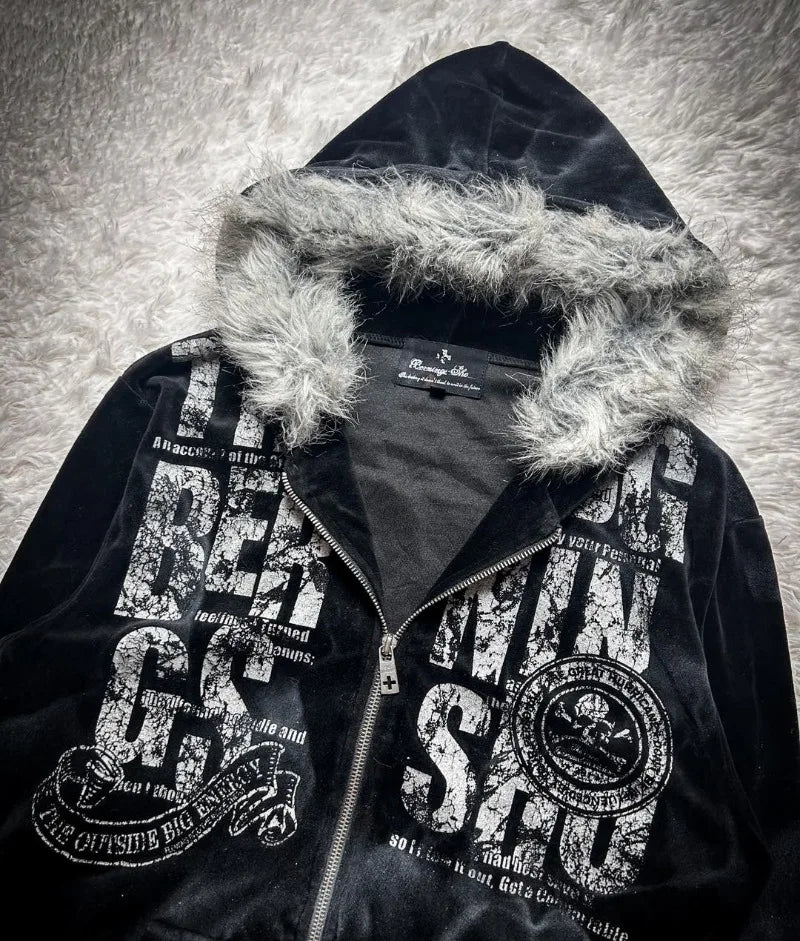 Vintage Popular Dark Rock Hip Hop Print Sports Sweater Women Y2K Streetwear Casual Joker Plus Velvet Padded Fur Collar Hoodies