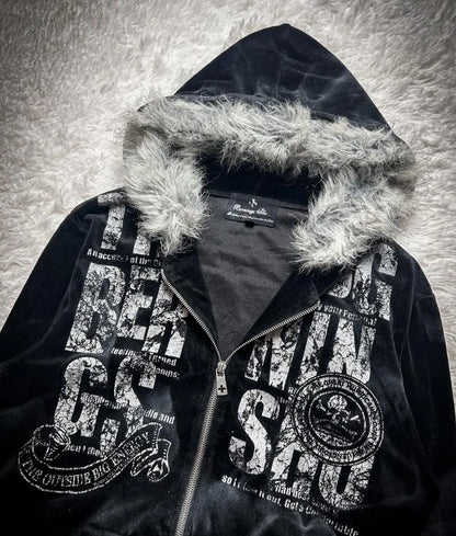 Vintage Popular Dark Rock Hip Hop Print Sports Sweater Women Y2K Streetwear Casual Joker Plus Velvet Padded Fur Collar Hoodies