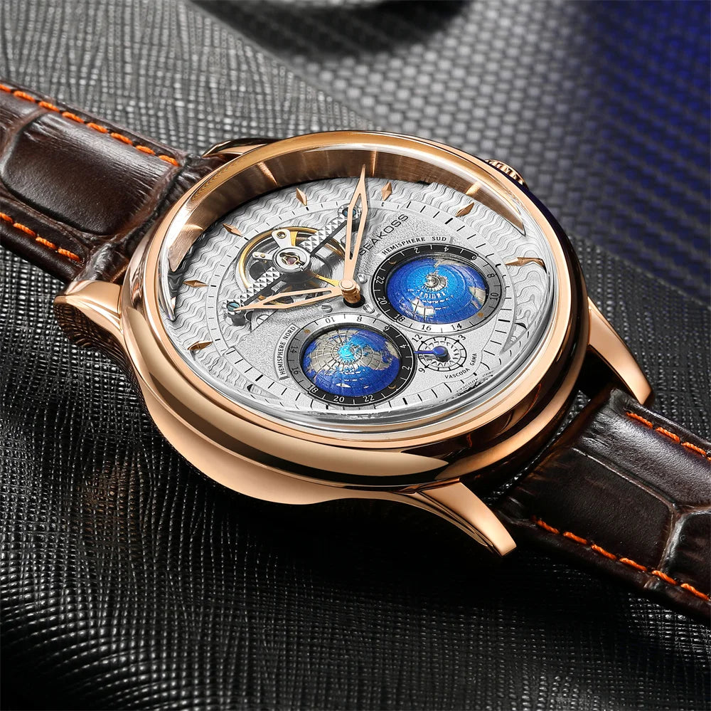 Luxury watch with detailed face and brown leather strap on textured surface