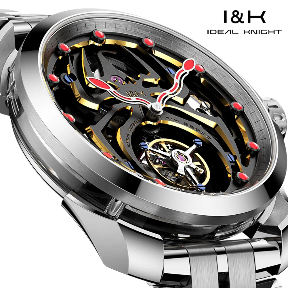 IDEAL KNIGHT Real Tourbillon Men's Watches High-Grade Fully Hollowed Spider Pattern Cool Dial Top Luxury Mechanical Watches 6802