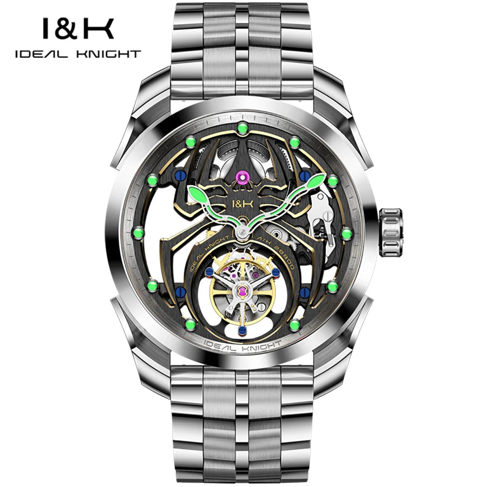 IDEAL KNIGHT Real Tourbillon Men's Watches High-Grade Fully Hollowed Spider Pattern Cool Dial Top Luxury Mechanical Watches 6802