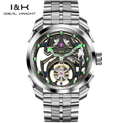 IDEAL KNIGHT Real Tourbillon Men's Watches High-Grade Fully Hollowed Spider Pattern Cool Dial Top Luxury Mechanical Watches 6802
