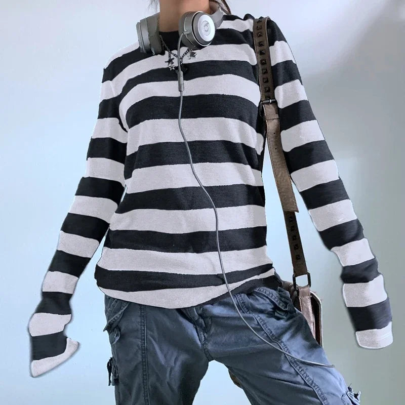 Vexaroa Fairy Grunge Long Sleeve Baggy Striped Tee Shirt