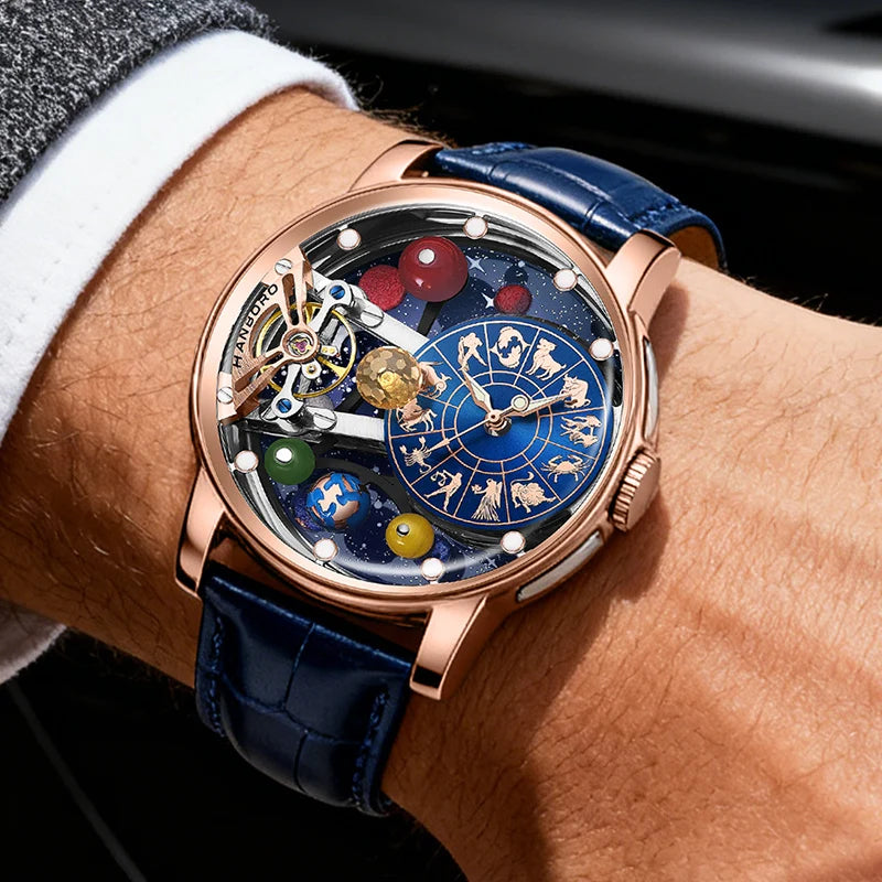 Vexaroa Starry Sky Skeleton Automatic Watch, Luminous Men's Steel