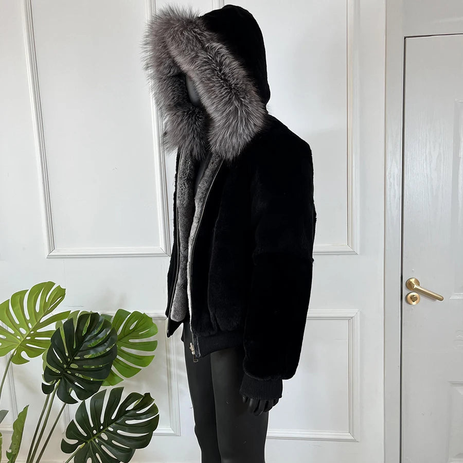 Men's Rabbit Fur Coat with Hood Black Chinchilla | Vexaro