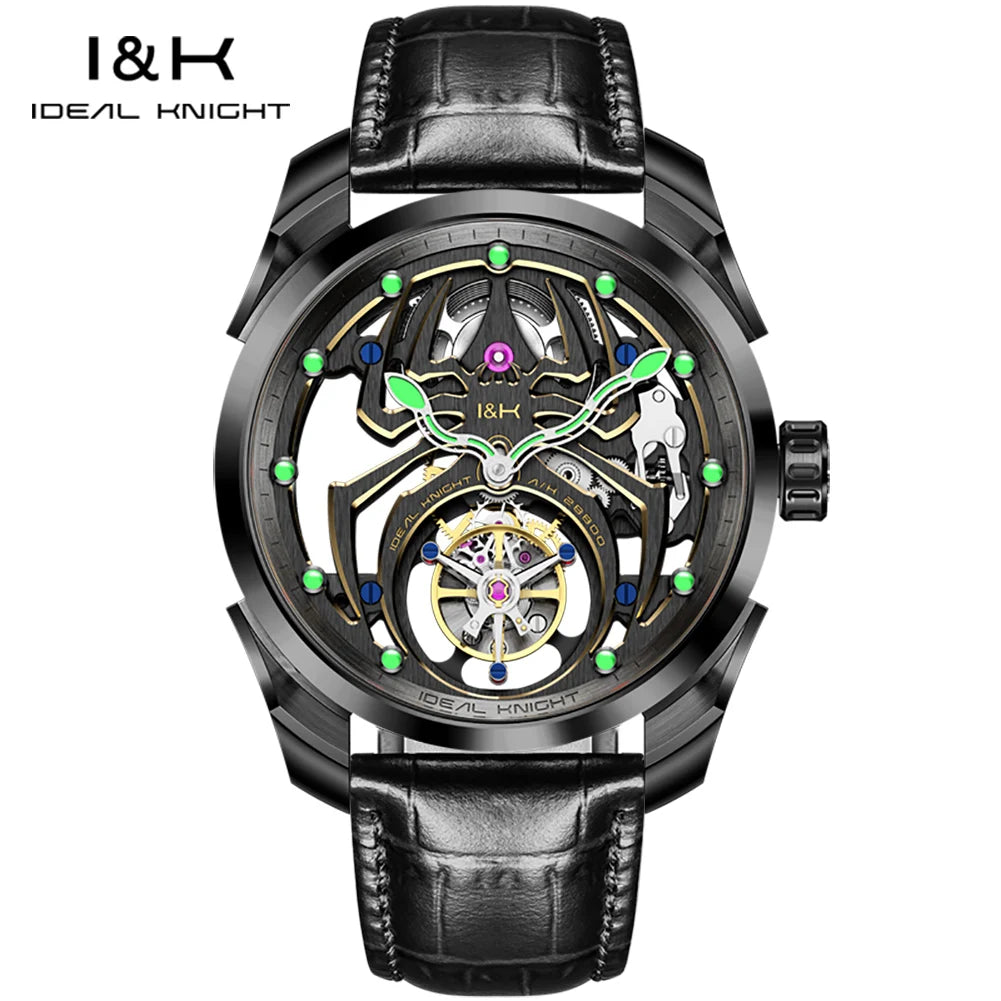 IDEAL KNIGHT Real Tourbillon Men's Watches High-Grade Fully Hollowed Spider Pattern Cool Dial Top Luxury Mechanical Watches 6802