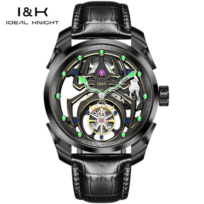 IDEAL KNIGHT Real Tourbillon Men's Watches High-Grade Fully Hollowed Spider Pattern Cool Dial Top Luxury Mechanical Watches 6802