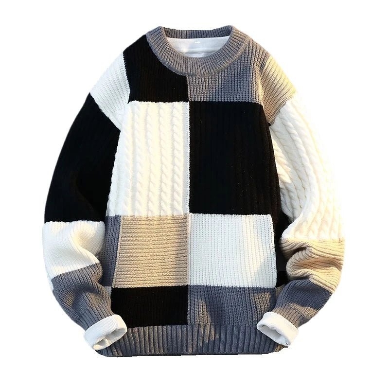 Vexaroa Men's Plaid Knit Sweater – Casual Loose Warm Patchwork Pullover