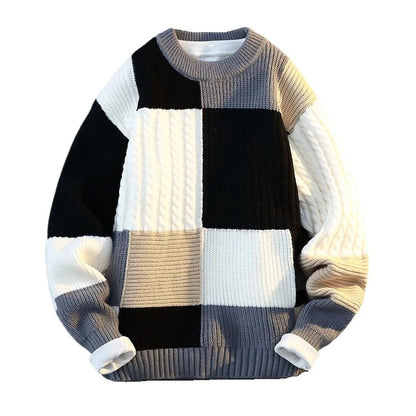 Vexaroa Men's Plaid Knit Sweater – Casual Loose Warm Patchwork Pullover