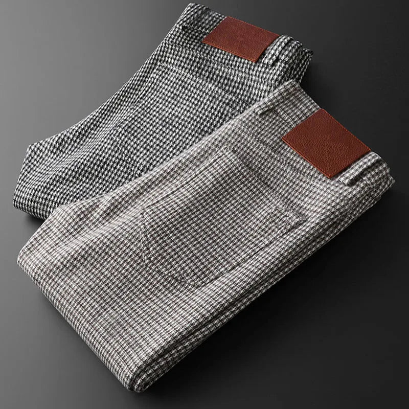 Men's Gray Plaid Woollen Trousers, Slim Straight Fit, Fall | Vexaroa