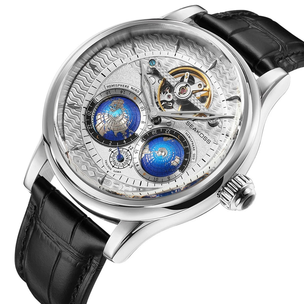 Luxury watch with black leather strap and intricate design on a white background